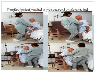 Transfer of patient from bed to wheel chair and wheel chair to bed:
 