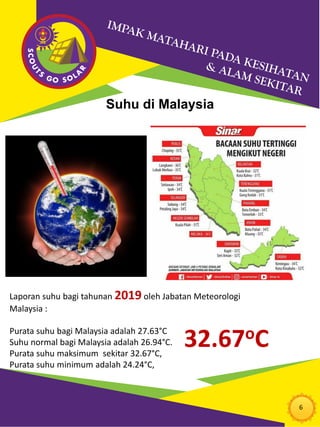 6
Laporan suhu bagi tahunan 2019 oleh Jabatan Meteorologi
Malaysia :
Purata suhu bagi Malaysia adalah 27.63°C
Suhu normal bagi Malaysia adalah 26.94°C.
Purata suhu maksimum sekitar 32.67°C,
Purata suhu minimum adalah 24.24°C,
Suhu di Malaysia
32.67oC
 