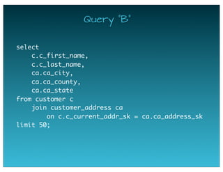 Query "B"
select
   c.c_first_name,
   c.c_last_name,
   ca.ca_city,
   ca.ca_county,
   ca.ca_state
from customer c
   join customer_address ca
on c.c_current_addr_sk = ca.ca_address_sk
limit 50;
 