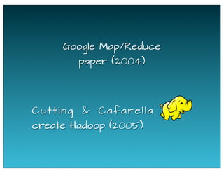 Google Map/Reduce
paper (2004)
Cutting & Cafarella
create Hadoop (2005)
 