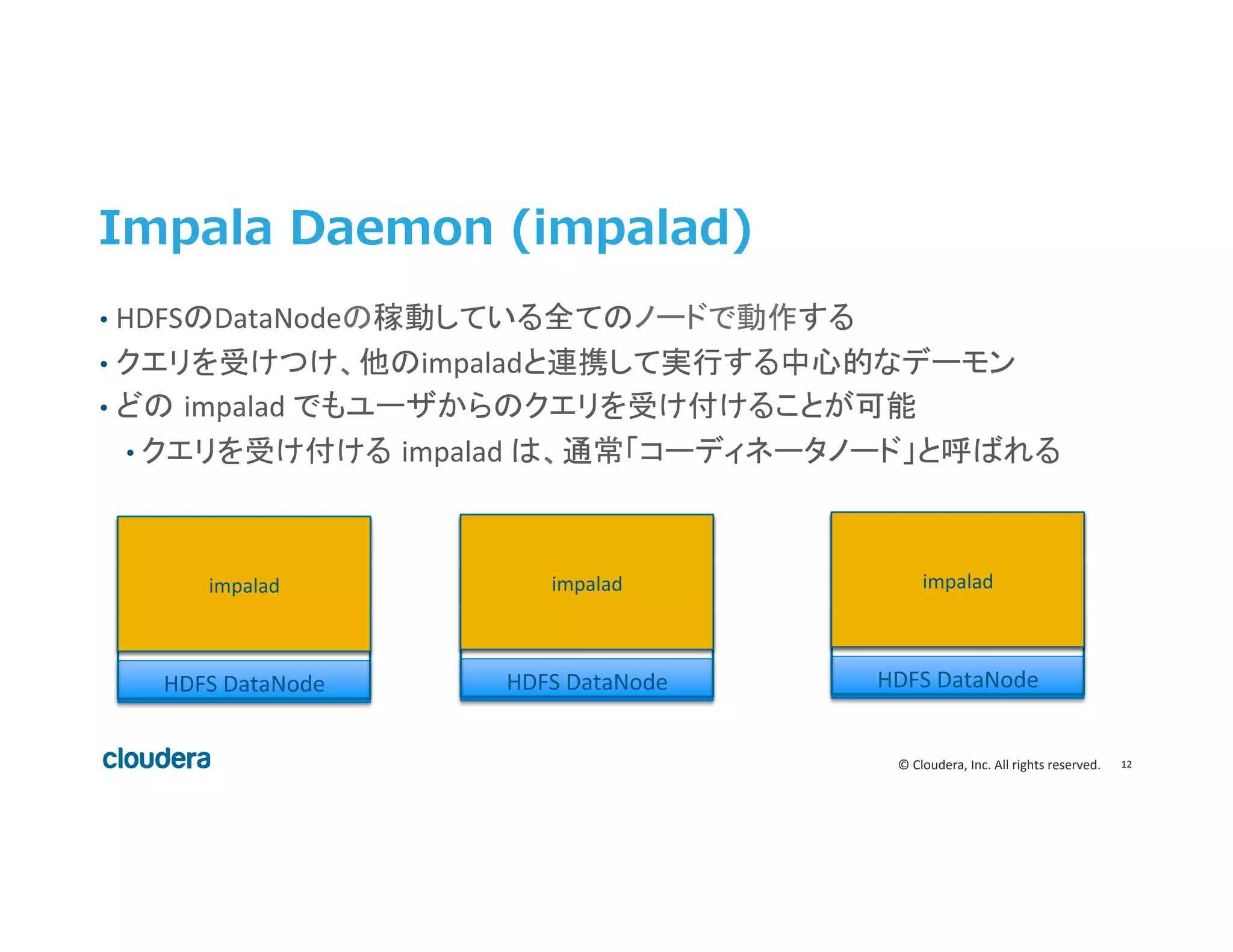 12	
  ©	
  Cloudera,	
  Inc.	
  All	
  rights	
  reserved.	
  
Impala  Daemon  (impalad)
•  HDFSのDataNodeの稼動している全てのノードで動作する	
  
•  クエリを受けつけ、他のimpaladと連携して実行する中心的なデーモン	
  
•  どの impalad	
  でもユーザからのクエリを受け付けることが可能	
  
• クエリを受け付ける impalad	
  は、通常「コーディネータノード」と呼ばれる	
  
HDFS	
  DataNode	
  
Query	
  Exec	
  Engine	
  
Query	
  Coordinator	
  
Query	
  Planner	
  
impalad	
  
HDFS	
  DataNode	
  
Query	
  Exec	
  Engine	
  
Query	
  Coordinator	
  
Query	
  Planner	
  
impalad	
  
HDFS	
  DataNode	
  
Query	
  Exec	
  Engine	
  
Query	
  Coordinator	
  
Query	
  Planner	
  
impalad	
  
 