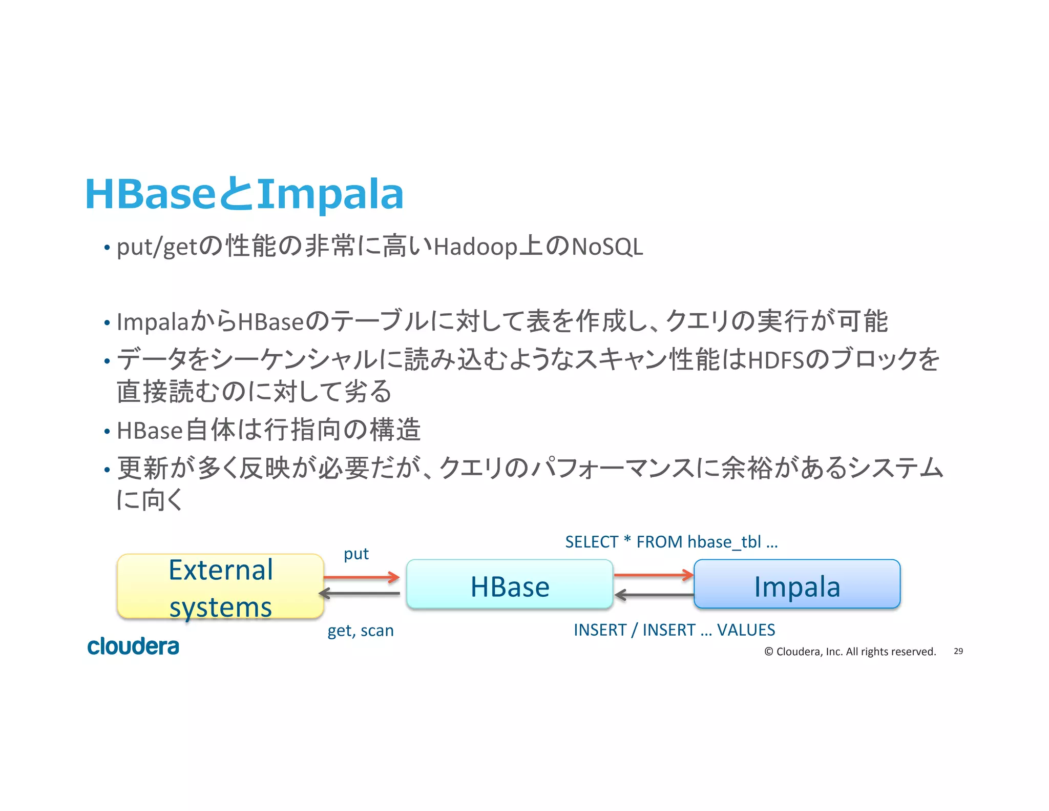 29	
  ©	
  Cloudera,	
  Inc.	
  All	
  rights	
  reserved.	
  
HBaseとImpala
Impala	
  HBase	
  
External	
  
systems	
  
put	
  
SELECT	
  *	
  FROM	
  hbase_tbl	
  …	
  
INSERT	
  /	
  INSERT	
  …	
  VALUES	
  get,	
  scan	
  
• put/getの性能の非常に高いHadoop上のNoSQL	
  
• ImpalaからHBaseのテーブルに対して表を作成し、クエリの実行が可能	
  
• データをシーケンシャルに読み込むようなスキャン性能はHDFSのブロックを
直接読むのに対して劣る	
  
• HBase自体は行指向の構造	
  
• 更新が多く反映が必要だが、クエリのパフォーマンスに余裕があるシステム
に向く	
  
 