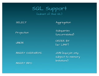 SQL Support
SELECT
Projection
UNION
INSERT OVERWRITE
INSERT INTO
ORDER BY
(w/ LIMIT)
Aggregation
Subqueries
(uncorrelated)
JOIN (equi-join only,
subject to memory
limitations)
(subset of Hive QL)
 