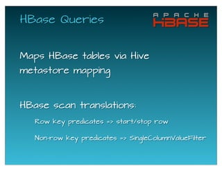 HBase Queries
Maps HBase tables via Hive
metastore mapping
Row key predicates => start/stop row
Non-row key predicates => SingleColumnValueFilter
HBase scan translations:
 