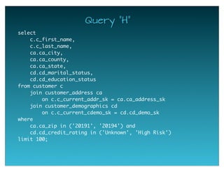Query "H"
select
   c.c_first_name,
   c.c_last_name,
   ca.ca_city,
   ca.ca_county,
   ca.ca_state,
   cd.cd_marital_status,
   cd.cd_education_status
from customer c
   join customer_address ca
       on c.c_current_addr_sk = ca.ca_address_sk
   join customer_demographics cd
       on c.c_current_cdemo_sk = cd.cd_demo_sk
where
   ca.ca_zip in ('20191', '20194') and
   cd.cd_credit_rating in ('Unknown', 'High Risk')
limit 100;
 