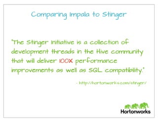 "The Stinger Initiative is a collection of
development threads in the Hive community
that will deliver 100X performance
improvements as well as SQL compatibility."
Comparing Impala to Stinger
- http://hortonworks.com/stinger/
 