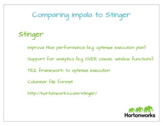 Comparing Impala to Stinger
Stinger
Improve Hive performance (e.g. optimize execution plan)
Support for analytics (e.g. OVER clause, window functions)
TEZ framework to optimize execution
Columnar file format
http://hortonworks.com/stinger/
 