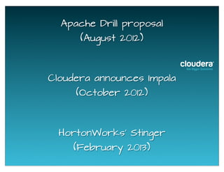 Cloudera announces Impala
(October 2012)
HortonWorks' Stinger
(February 2013)
Apache Drill proposal
(August 2012)
 