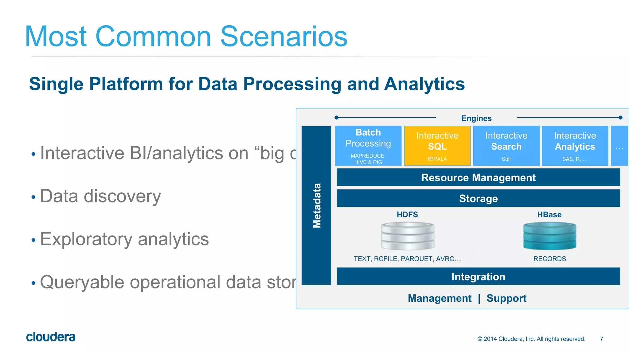 Engines 
Resource Management 
© 2014 Cloudera, Inc. All rights reserved. 7 
Most Common Scenarios 
Single Platform for Data Processing and Analytics 
• Interactive BI/analytics on “big data” 
• Data discovery 
• Exploratory analytics 
• Queryable operational data store 
Storage 
Integration 
Metadata 
Batch 
Processing 
MAPREDUCE, 
HIVE & PIG 
… 
Interactive 
SQL 
IMPALA 
Interactive 
Search 
Solr 
HDFS HBase 
TEXT, RCFILE, PARQUET, AVRO… RECORDS 
Management | Support 
Interactive 
Analytics 
SAS, R, … 
 