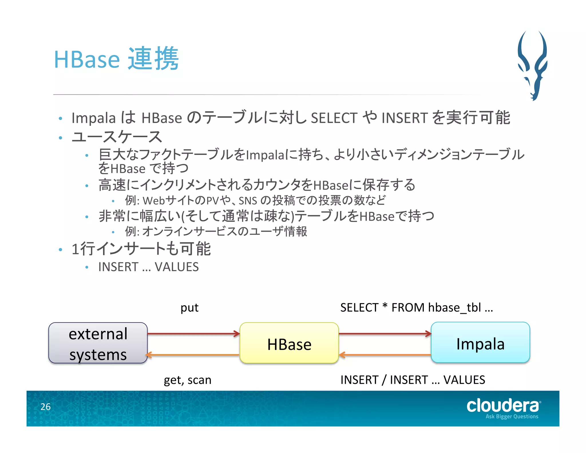 26	
  
HBase	
  連携	
  
•  Impala	
  は HBase	
  のテーブルに対し	
  SELECT	
  や	
  INSERT	
  を実行可能	
  
•  ユースケース	
  
•  巨大なファクトテーブルをImpalaに持ち、より小さいディメンジョンテーブル
をHBase	
  で持つ	
  
•  高速にインクリメントされるカウンタをHBaseに保存する	
  
•  例:	
  WebサイトのPVや、SNS	
  の投稿での投票の数など	
  
•  非常に幅広い(そして通常は疎な)テーブルをHBaseで持つ	
  
•  例:	
  オンラインサービスのユーザ情報	
  
•  1行インサートも可能	
  
•  INSERT	
  …	
  VALUES	
  	
  
Impala	
  HBase	
  
external	
  
systems	
  
put	
   SELECT	
  *	
  FROM	
  hbase_tbl	
  …	
  
INSERT	
  /	
  INSERT	
  …	
  VALUES	
  get,	
  scan	
  
 