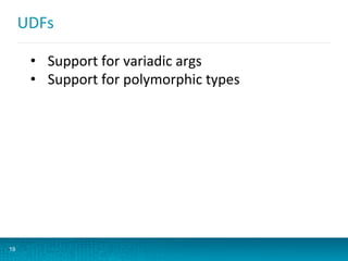 UDFs	
  
19
•  Support	
  for	
  variadic	
  args	
  	
  
•  Support	
  for	
  polymorphic	
  types	
  
 