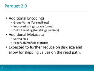 Parquet	
  2.0	
  
9
•  AddiBonal	
  Encodings	
  
•  Group	
  VarInt	
  (for	
  small	
  ints)	
  
•  Improved	
  string	
  storage	
  format	
  
•  Delta	
  Encoding	
  (for	
  strings	
  and	
  ints)	
  
•  AddiBonal	
  Metadata	
  
•  Sorted	
  ﬁles	
  
•  Page/Column/File	
  StaBsBcs	
  
•  Expected	
  to	
  further	
  reduce	
  on	
  disk	
  size	
  and	
  
allow	
  for	
  skipping	
  values	
  on	
  the	
  read	
  path.	
  
 