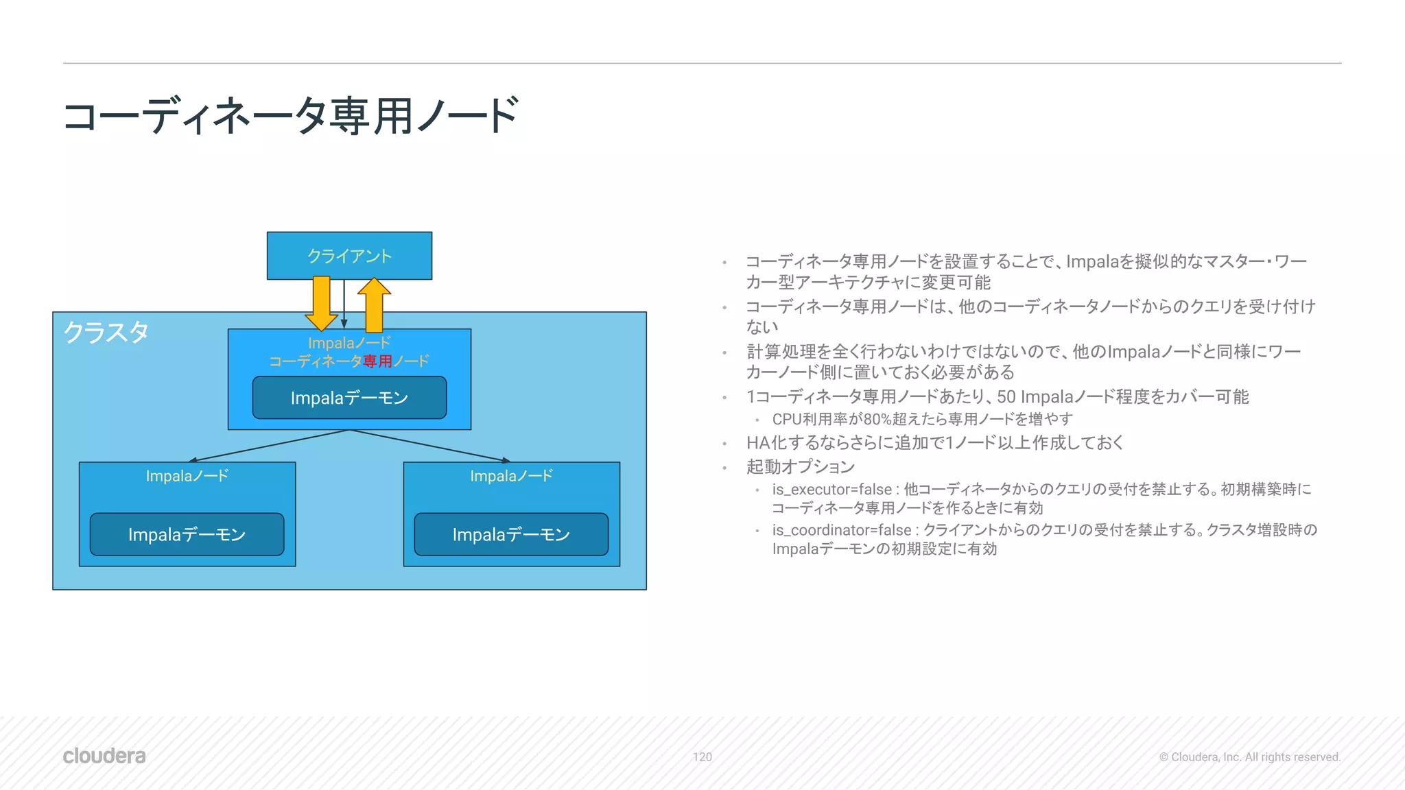 120 © Cloudera, Inc. All rights reserved.
• コーディネータ専用ノードを設置することで、Impalaを擬似的なマスター・ワー
カー型アーキテクチャに変更可能
• コーディネータ専用ノードは、他のコーディネータノードからのクエリを受け付け
ない
• 計算処理を全く行わないわけではないので、他のImpalaノードと同様にワー
カーノード側に置いておく必要がある
• 1コーディネータ専用ノードあたり、50 Impalaノード程度をカバー可能
• CPU利用率が80%超えたら専用ノードを増やす
• HA化するならさらに追加で1ノード以上作成しておく
• 起動オプション
• is_executor=false : 他コーディネータからのクエリの受付を禁止する。初期構築時に
コーディネータ専用ノードを作るときに有効
• is_coordinator=false : クライアントからのクエリの受付を禁止する。クラスタ増設時の
Impalaデーモンの初期設定に有効
コーディネータ専用ノード
クラスタ Impalaノード
コーディネータ専用ノード
クライアント
Impalaノード Impalaノード
Impalaデーモン
Impalaデーモン Impalaデーモン
 