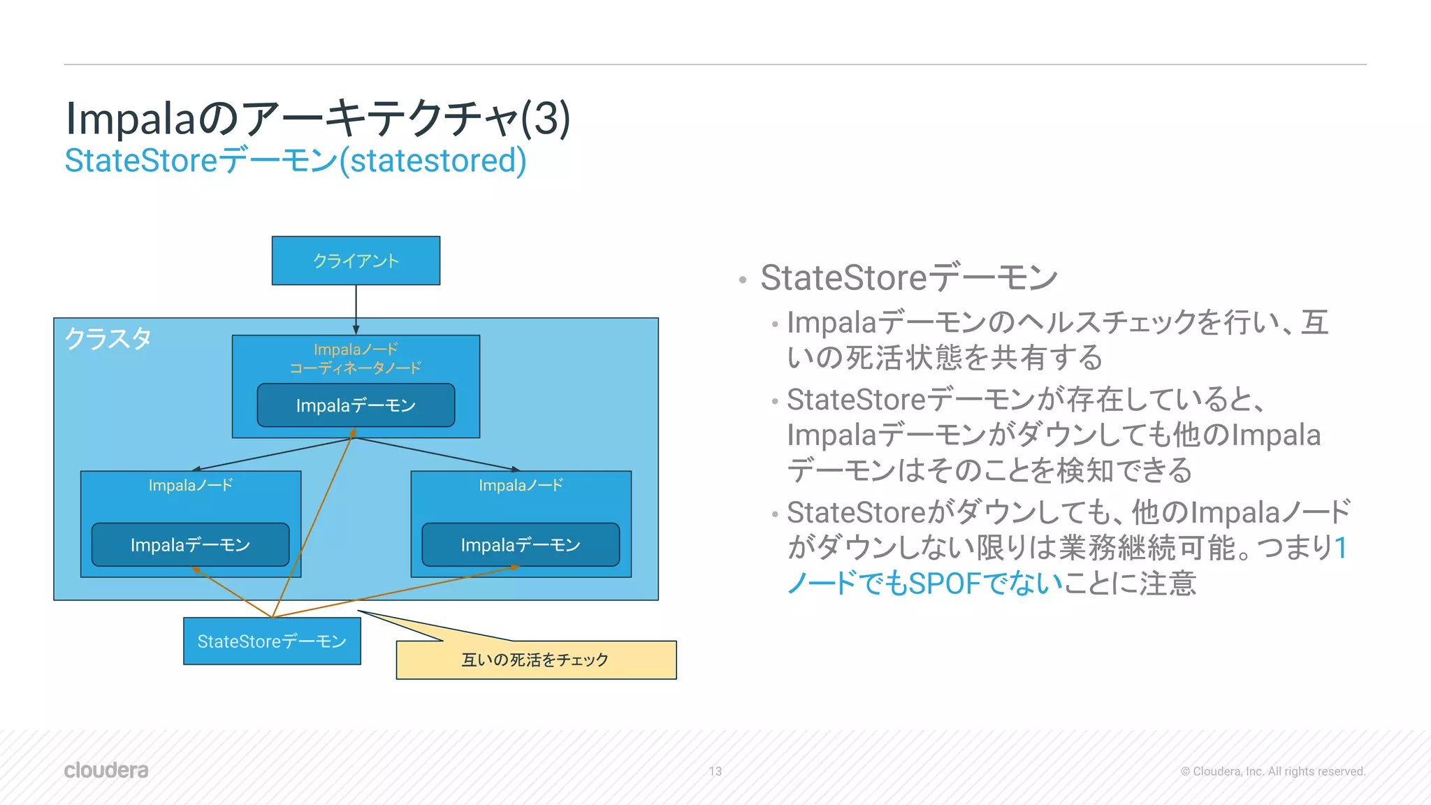 13 © Cloudera, Inc. All rights reserved.
• StateStoreデーモン
• Impalaデーモンのヘルスチェックを行い、互
いの死活状態を共有する
• StateStoreデーモンが存在していると、
Impalaデーモンがダウンしても他のImpala
デーモンはそのことを検知できる
• StateStoreがダウンしても、他のImpalaノード
がダウンしない限りは業務継続可能。つまり1
ノードでもSPOFでないことに注意
Impalaのアーキテクチャ(3)
StateStoreデーモン(statestored)
クラスタ Impalaノード
コーディネータノード
クライアント
Impalaノード Impalaノード
Impalaデーモン
Impalaデーモン Impalaデーモン
StateStoreデーモン
互いの死活をチェック
 