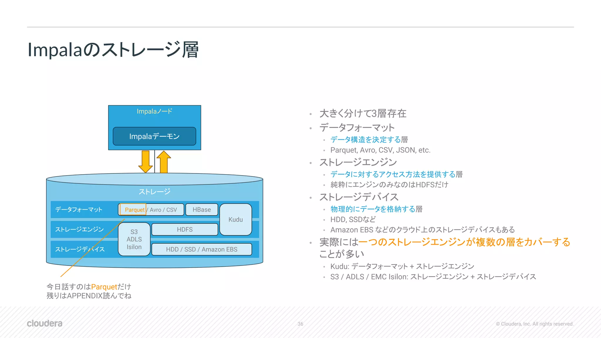 36 © Cloudera, Inc. All rights reserved.
• 大きく分けて3層存在
• データフォーマット
• データ構造を決定する層
• Parquet, Avro, CSV, JSON, etc.
• ストレージエンジン
• データに対するアクセス方法を提供する層
• 純粋にエンジンのみなのはHDFSだけ
• ストレージデバイス
• 物理的にデータを格納する層
• HDD, SSDなど
• Amazon EBS などのクラウド上のストレージデバイスもある
• 実際には一つのストレージエンジンが複数の層をカバーする
ことが多い
• Kudu: データフォーマット + ストレージエンジン
• S3 / ADLS / EMC Isilon: ストレージエンジン + ストレージデバイス
Impalaのストレージ層
Impalaノード
Impalaデーモン
ストレージ
データフォーマット
ストレージエンジン
ストレージデバイス
HDFS
Parquet / Avro / CSV HBase
Kudu
S3
ADLS
Isilon HDD / SSD / Amazon EBS
今日話すのはParquetだけ
残りはAPPENDIX読んでね
 