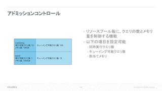 105 © Cloudera, Inc. All rights reserved.
• リソースプール毎に、クエリの数とメモリ
量を制御する機能
• 以下の項目を設定可能
• 同時実行クエリ数
• キューイング可能クエリ数
• 割当てメモリ
アドミッションコントロール
marketing
実行可能クエリ数: 10
メモリ量: 100GB
キューイング可能クエリ数: 100
batch
実行可能クエリ数: 1
メモリ量: 1000GB
キューイング可能クエリ数: 10
 
