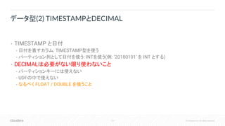110 © Cloudera, Inc. All rights reserved.
• TIMESTAMP と日付
• 日付を表すカラム: TIMESTAMP型を使う
• パーティション列として日付を使う: INTを使う(例: ‘20180101’ を INT とする)
• DECIMALは必要がない限り使わないこと
• パーティションキーには使えない
• UDFの中で使えない
• なるべく FLOAT / DOUBLE を使うこと
データ型(2) TIMESTAMPとDECIMAL
 