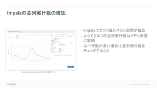 29 © Cloudera, Inc. All rights reserved.
• Impalaはクエリ毎にメモリ空間が独立
• よってクエリの並列実行数はメモリ消費
に直結
• ユーザ数が多い場合は並列実行数を
チェックすること
Impalaの並列実行数の確認
Cloudera Managerによるクエリ実行数のチャート
 