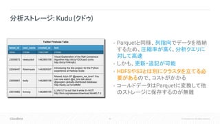 80 © Cloudera, Inc. All rights reserved.
• Parquetと同様、列指向でデータを格納
するため、圧縮率が高く、分析クエリに
対して高速
• しかも、更新・追記が可能
• HDFSやS3とは別にクラスタを立てる必
要があるので、コストがかかる
• コールドデータはParquetに変換して他
のストレージに保存するのが無難
分析ストレージ: Kudu (クドゥ)
 