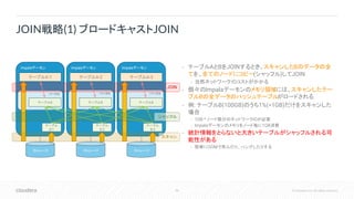 98 © Cloudera, Inc. All rights reserved.
Impalaデーモン
ストレージ
メモリ領域
テーブルA-1
テーブル
B-1
テーブルB
Impalaデーモン
ストレージ
テーブルA-2
テーブル
B-2
メモリ領域
テーブルB
Impalaデーモン
ストレージ
テーブルA-3
メモリ領域
テーブル
B-3
テーブルB
• テーブルAとBをJOINするとき、スキャンしたBのデータの全
てを、全てのノードにコピー(シャッフル)してJOIN
• 当然ネットワークIOコストがかかる
• 個々のImpalaデーモンのメモリ領域には、スキャンしたテー
ブルBの全データのハッシュテーブルがロードされる
• 例: テーブルB(100GB)のうち1%(=1GB)だけをスキャンした
場合
• 1GB * ノード数分のネットワークIOが必要
• Impalaデーモンのメモリをノード毎に1GB消費
• 統計情報をとらないと大きいテーブルがシャッフルされる可
能性がある
• 簡単にOOMで死んだり、ハングしたりする
JOIN戦略(1) ブロードキャストJOIN
シャッフル
JOIN
スキャン
 