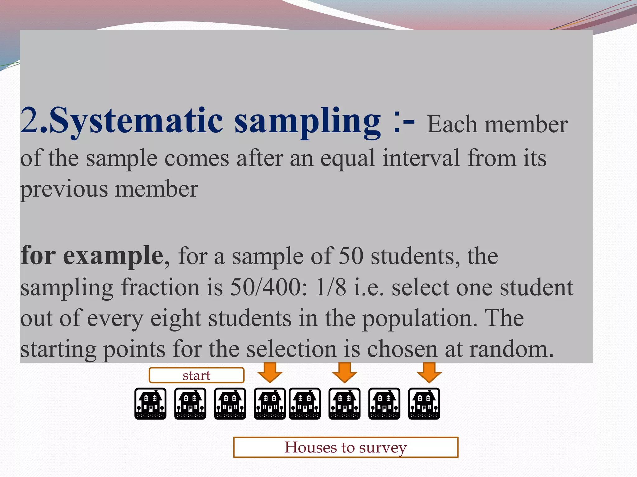 2.Systematic sampling :- Each member
of the sample comes after an equal interval from its
previous member
for example, for a sample of 50 students, the
sampling fraction is 50/400: 1/8 i.e. select one student
out of every eight students in the population. The
starting points for the selection is chosen at random.
start
Houses to survey
 