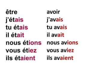 être avoir
j'étais j'avais
tu étais tu avais
il était il avait
nous étions nous avions
vous étiez vous aviez
ils étaient ils avaient