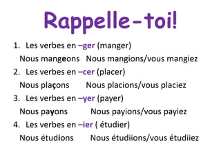 Rappelle-toi!
1. Les verbes en –ger (manger)
Nous mangeons Nous mangions/vous mangiez
2. Les verbes en –cer (placer)
Nous plaçons
Nous placions/vous placiez
3. Les verbes en –yer (payer)
Nous payons
Nous payions/vous payiez
4. Les verbes en –ier ( étudier)
Nous étudions
Nous étudiions/vous étudiiez

 