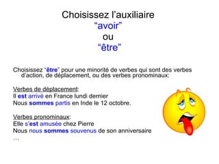 Choisissez l’auxiliaire  “avoir”   ou  “ être” Choisissez  “ être ”  pour une minorit é de verbes qui sont des verbes d’action, de déplacement, ou des verbes pronominaux: Verbes de déplacement : Il  est  arrivé  en France lundi dernier Nous  sommes  partis  en Inde le 12 octobre. Verbes pronominaux : Elle  s’ est  amusée  chez Pierre Nous  nous  sommes  souvenus  de son anniversaire … 