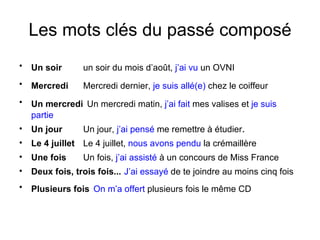 Les mots cl és du passé composé Un soir   un soir du mois d’août,  j’ai vu  un OVNI Mercredi   Mercredi dernier,  je suis allé(e)  chez le coiffeur Un mercredi   Un mercredi matin,  j’ai fait  mes valises et  je suis partie Un jour   Un jour,  j’ai pensé  me remettre à étudier . Le 4 juillet   Le 4 juillet,  nous avons pendu  la crémaillère Une fois   Un fois,  j’ai assisté  à un concours de Miss France Deux fois, trois fois...   J’ai essayé  de te joindre au moins cinq fois Plusieurs fois   On m’a offert  plusieurs fois le même CD 