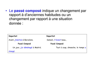 Le  passé composé  indique un changement par rapport à d’anciennes habitudes ou un changement par rapport à une situation donnée : Imparfait     Imparfait Avant,  j’habitais  à Barcelone.  Samedi,  il faisait  beau... Passé Composé   Passé Composé Un jour,  j’ai déménagé  à Madrid.    Tout à coup, dimanche, le temps  a changé . 
