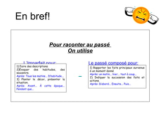 Pour raconter au passé  On utilise     L’Imparfait pour:     L e passé composé pour:   1) Faire des descriptions 2)Évoquer des habitudes, des souvenirs. Après: Tous les matins... D’habitude... 3) Planter le décor, présenter la situation. Après: Avant... À cette époque... Pendant que... 1) Rapporter les faits principaux survenus à un moment donné Après: un matin... hier... tout à coup... 2) Indiquer la succession des faits et actions. Après: D’abord... Ensuite... Puis... En bref! 