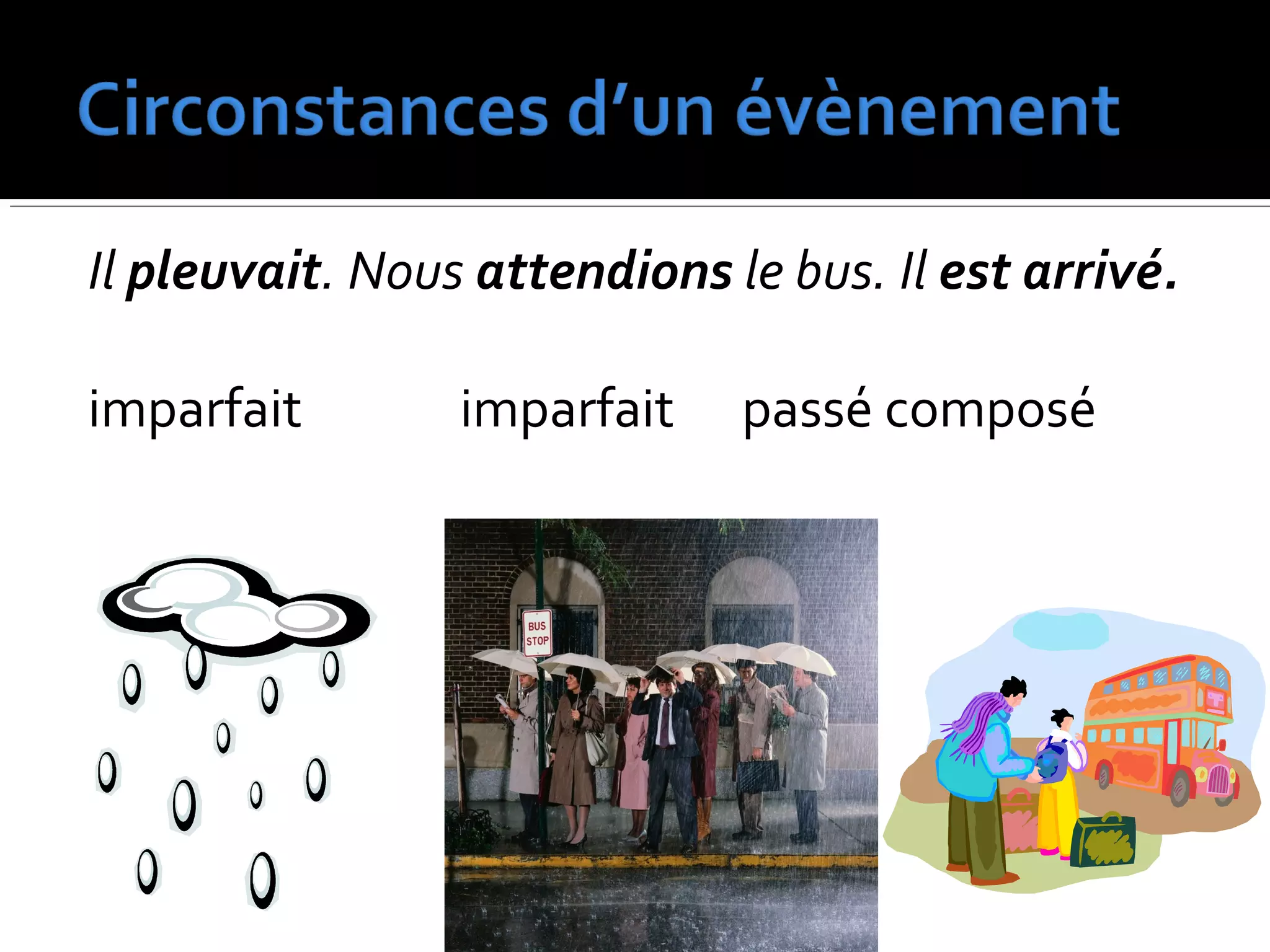 Il pleuvait. Nous attendions le bus. Il est arrivé.
imparfait imparfait passé composé
 