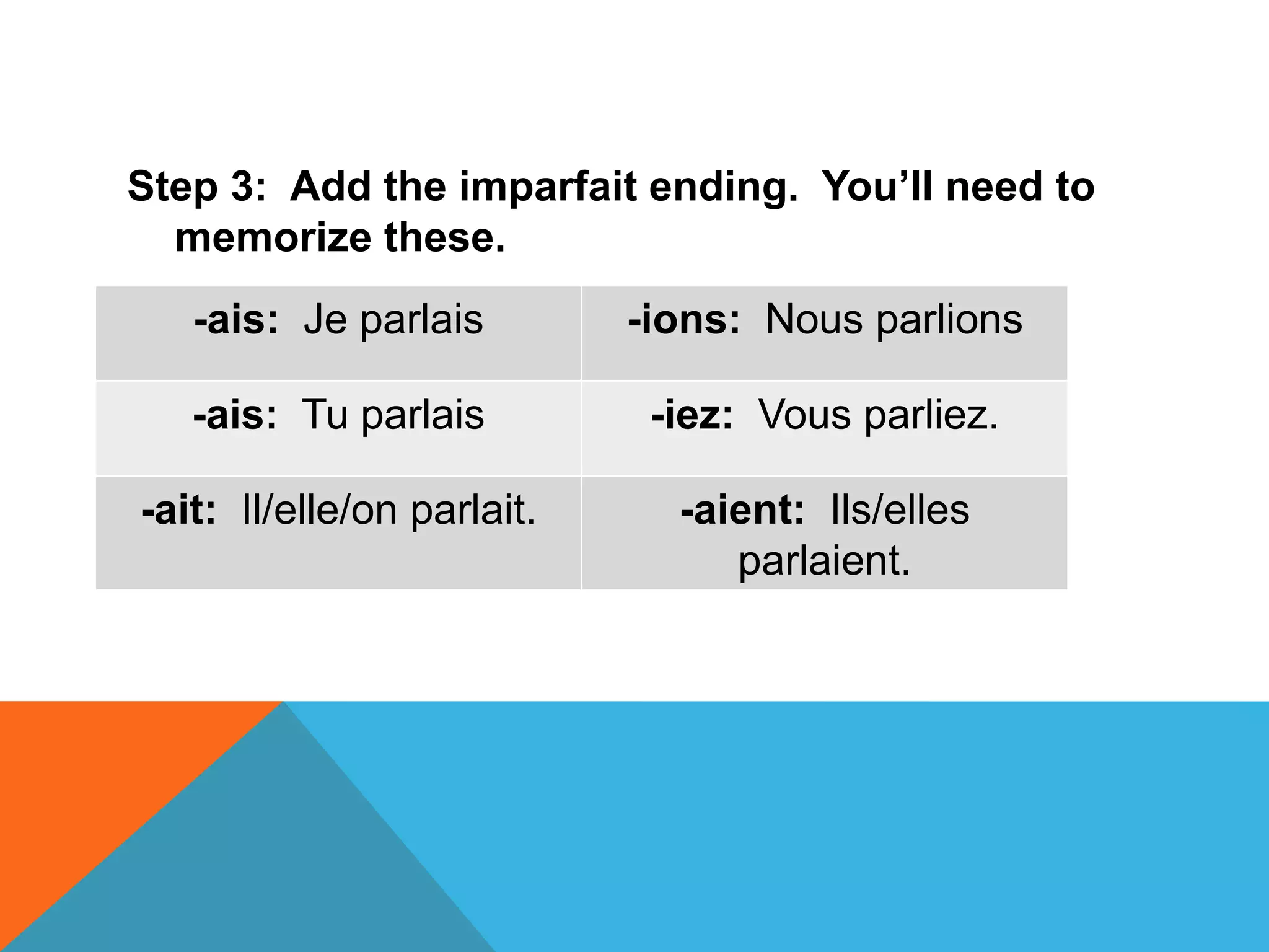 Step 3: Add the imparfait ending. You’ll need to
  memorize these.
   -ais: Je parlais         -ions: Nous parlions

   -ais: Tu parlais          -iez: Vous parliez.

-ait: Il/elle/on parlait.     -aient: Ils/elles
                                 parlaient.
 
