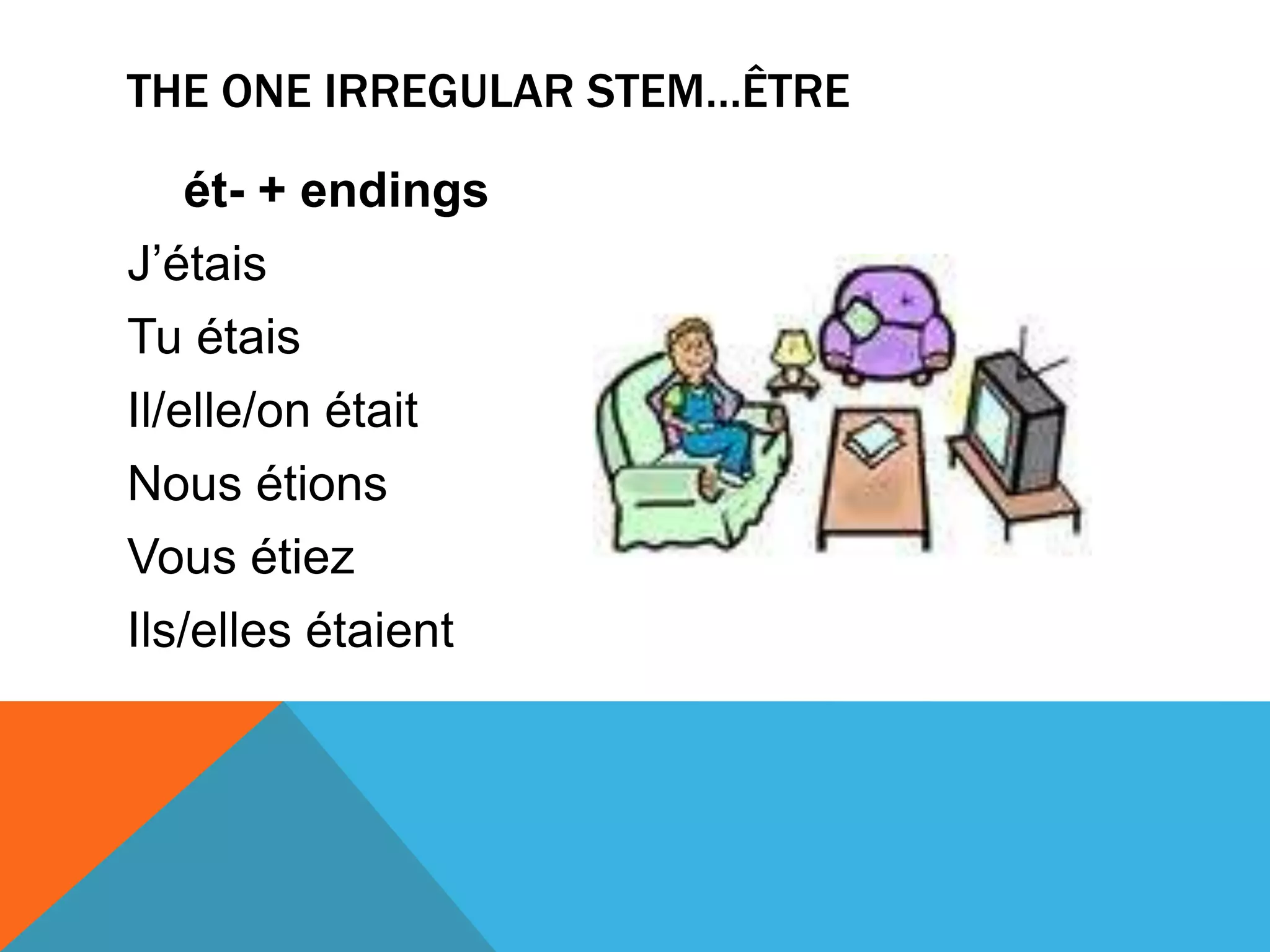 THE ONE IRREGULAR STEM…ÊTRE

    ét- + endings
J’étais
Tu étais
Il/elle/on était
Nous étions
Vous étiez
Ils/elles étaient
 