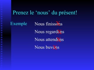Prenez le ‘nous’ du présent! Exemple Nous regardons Nous finissons Nous attendons Nous buvons X X X X 