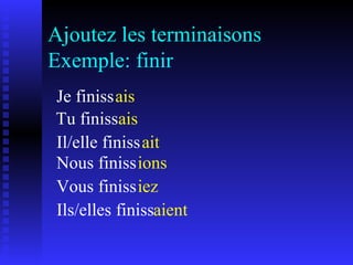 Ajoutez les terminaisons Exemple: finir Je finiss ais   Tu finiss ais Il/elle finiss ait Nous finiss ions Vous finiss iez Ils/elles finiss aient 