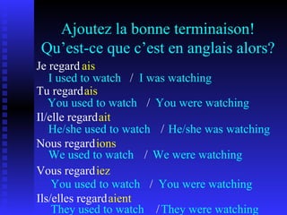 Ajoutez la bonne terminaison! Qu’est-ce que c’est en anglais alors? Je regard Tu regard Il/elle regard Nous regard Vous regard Ils/elles regard ais I used to watch / I was watching ais You used to watch / You were watching ait He/she used to watch / He/she was watching ions We used to watch / We were watching iez You used to watch / You were watching aient They used to watch / They were watching 