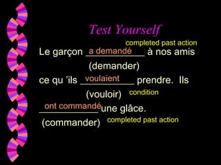 Test Yourself
Le garçon ____________ à nos amis
(demander)
ce qu ’ils ___________ prendre. Ils
(vouloir)
____________ une glâce.
(commander)
a demandé
ont commandé
voulaient
completed past action
condition
completed past action
 