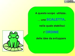 A questo scopo utilizza..
… una SCALETTA..
nella quale stabilisci
l' ORDINE
delle idee da sviluppare
 
