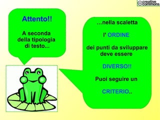 Attento!!
A seconda
della tipologia
di testo...
…nella scaletta
l' ORDINE
dei punti da sviluppare
deve essere
DIVERSO!!
Puoi seguire un
CRITERIO..
 