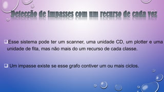 Esse sistema pode ter um scanner, uma unidade CD, um plotter e uma
unidade de fita, mas não mais do um recurso de cada classe.
 Um impasse existe se esse grafo contiver um ou mais ciclos.
 