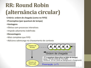 RR: Round Robin
(alternância circular)
Critério: ordem de chegada (como no FIFO)
•Preemptivo (por quantum de tempo)
•Vantagens
–Efetivo com processos interativos
–Impede adiamento indefinido
•Desvantagens
–Mais complexo que FIFO
–Adiciona sobrecarga no chaveamento de contexto
 