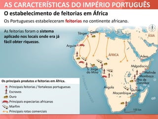 AS CARACTERÍSTICAS DO IMPÉRIO PORTUGUÊS
Principais feitorias / fortalezas portuguesas
Escravos
Ouro
Principais especiarias africanas
Marfim
Principais rotas comerciais
O estabelecimento de feitorias em África
Os Portugueses estabeleceram feitorias no continente africano.
Os principais produtos e feitorias em África.
As feitorias foram o sistema
aplicado nos locais onde era já
fácil obter riquezas.
 