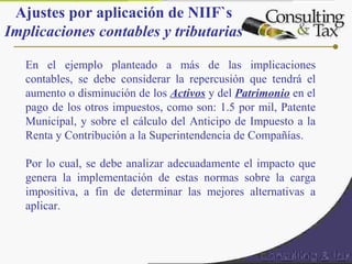 En el ejemplo planteado a más de las implicaciones
contables, se debe considerar la repercusión que tendrá el
aumento o disminución de los Activos y del Patrimonio en el
pago de los otros impuestos, como son: 1.5 por mil, Patente
Municipal, y sobre el cálculo del Anticipo de Impuesto a la
Renta y Contribución a la Superintendencia de Compañías.
Por lo cual, se debe analizar adecuadamente el impacto que
genera la implementación de estas normas sobre la carga
impositiva, a fin de determinar las mejores alternativas a
aplicar.
Ajustes por aplicación de NIIF`s
Implicaciones contables y tributarias
 