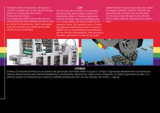 mediário para a impressão. Ele ajuda a                         CTP                        dade final da imagem gravada. Isso deixa
manter o papel seco e ao mesmo tempo        CtP (Computer-to-Plate) é o processo          a imagem perfeita. Existem métodos de
melhora a sobrevida da matriz.              de produção das chapas usadas na              gravação de chapas mais avançados,
Produção da chapa                           impressão offset. A chapa é gravada           como o processo de gravação através
As chapas de offset, como dito acima,       através de laser, que é controlado por        de UV (Ultra Violeta), dispensando assim o
primeiramente são tratadas de forma que     um computador, de forma similar às im-        laser.
se tornam fotossensíveis. Após este passo   pressoras laser. Isto permite que a chapa
elas são expostas de várias formas dife-    seja gerada diretamente de um arquivo
rentes à luz e reveladas.                   digital, sem a necessidade da produção
                                            de um fotolito intermediário. Este processo
                                            também garante o aumento da quali-




                                                            CTPRESS
CtPress (Computer-to-Press) é um sistema de gravação da matriz offset na qual a “chapa” é gravada diretamente na impressora,
sistema desenvolvido pela alemã Heidelberg, e atualmente utilizado por várias outras empresas. A matriz é gravada a Laser, e o
sistema usado na impressora é o sistema waterless (impressão sem uso de solução de molha — água).
 