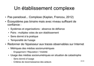 20/20
Un établissement complexe
●
Pas paradoxal... Complexe (Kaplan, Francou, 2012)
●
Écosystème pas binaire mais avec niveau suffisant de
confiance :
●
Systèmes et organisations : absence de défiance
●
Pairs : multiples voies de son établissement
●
Sens donné à la pratique
●
Temporalité de l'usage
●
Redonner de l'épaisseur aux traces observables sur Internet
●
Métriques des médias socionumériques
– Engagement / Réputation / Visibilité
●
Usage des médias socionumériques en situation de catastrophe
– Sens donné à l'usage
– Critères de reconnaissance des acteurs
 
