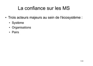 9/20
La confiance sur les MS
●
Trois acteurs majeurs au sein de l'écosystème :
●
Système
●
Organisations
●
Pairs
 