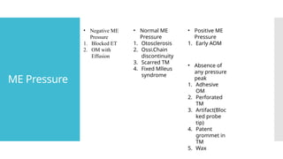 ME Pressure
• Negative ME
Pressure
1. Blocked ET
2. OM with
Effusion
• Normal ME
Pressure
1. Otosclerosis
2. Ossi.Chain
discontinuity
3. Scarred TM
4. Fixed Mlleus
syndrome
• Positive ME
Pressure
1. Early AOM
• Absence of
any pressure
peak
1. Adhesive
OM
2. Perforated
TM
3. Artifact(Bloc
ked probe
tip)
4. Patent
grommet in
TM
5. Wax
 