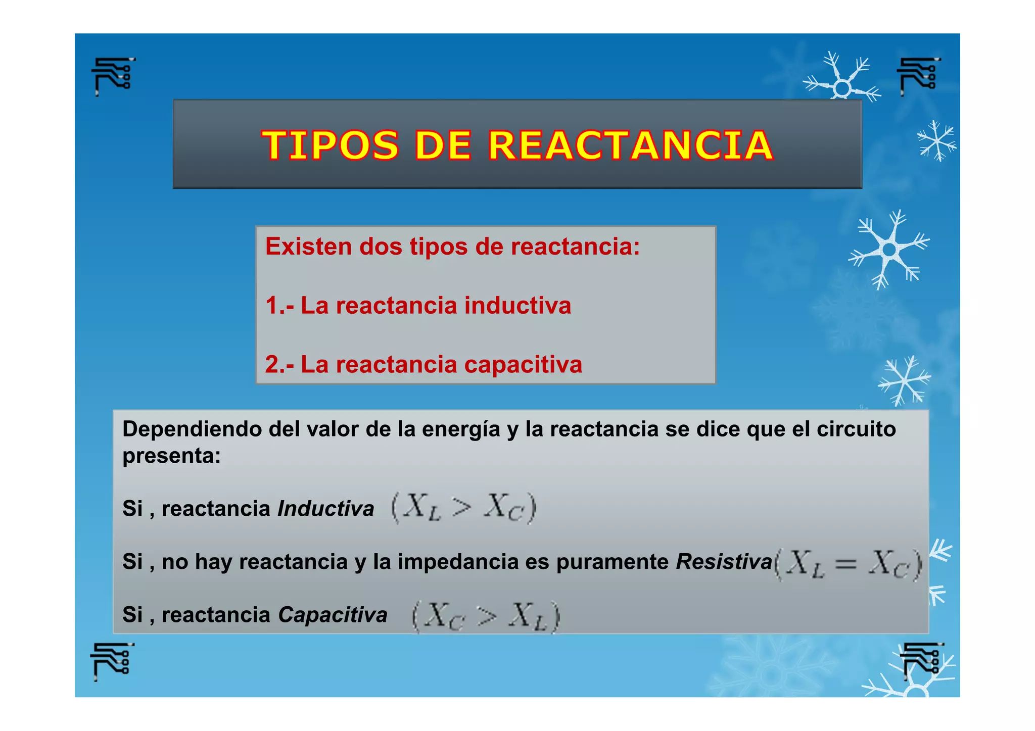 Dependiendo del valor de la energía y la reactancia se dice que el circuito
presenta:
Si , reactancia Inductiva
Si , no hay reactancia y la impedancia es puramente Resistiva
Si , reactancia Capacitiva
Existen dos tipos de reactancia:
1.- La reactancia inductiva
2.- La reactancia capacitiva
 