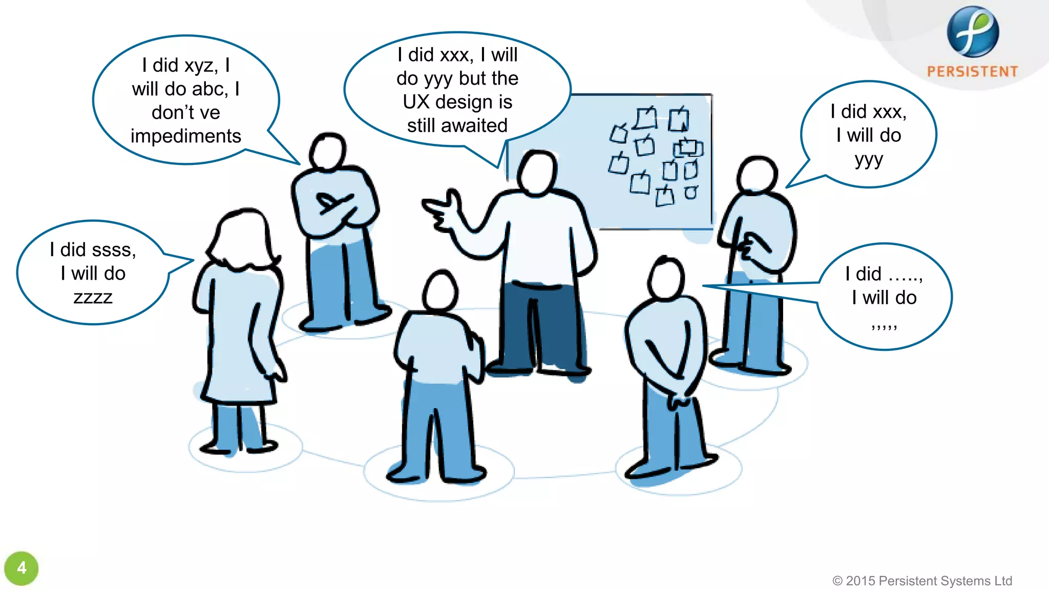 © 2015 Persistent Systems Ltd
4
I did xxx,
I will do
yyy
I did xyz, I
will do abc, I
don’t ve
impediments
I did ssss,
I will do
zzzz
I did xxx, I will
do yyy but the
UX design is
still awaited
I did …..,
I will do
,,,,,
 